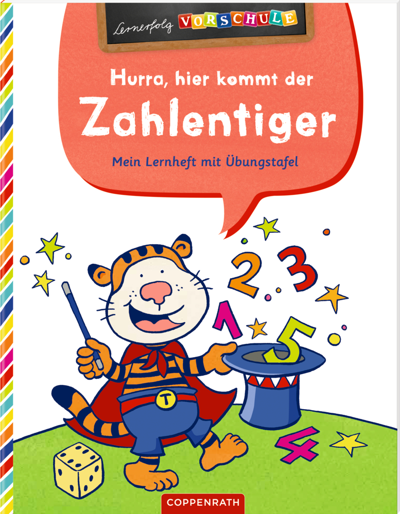 Tiger im Umhang mit Zahlen, einem Würfel und Zauberhut auf dem farbenfrohen Umschlag eines Vorschularbeitshefts.