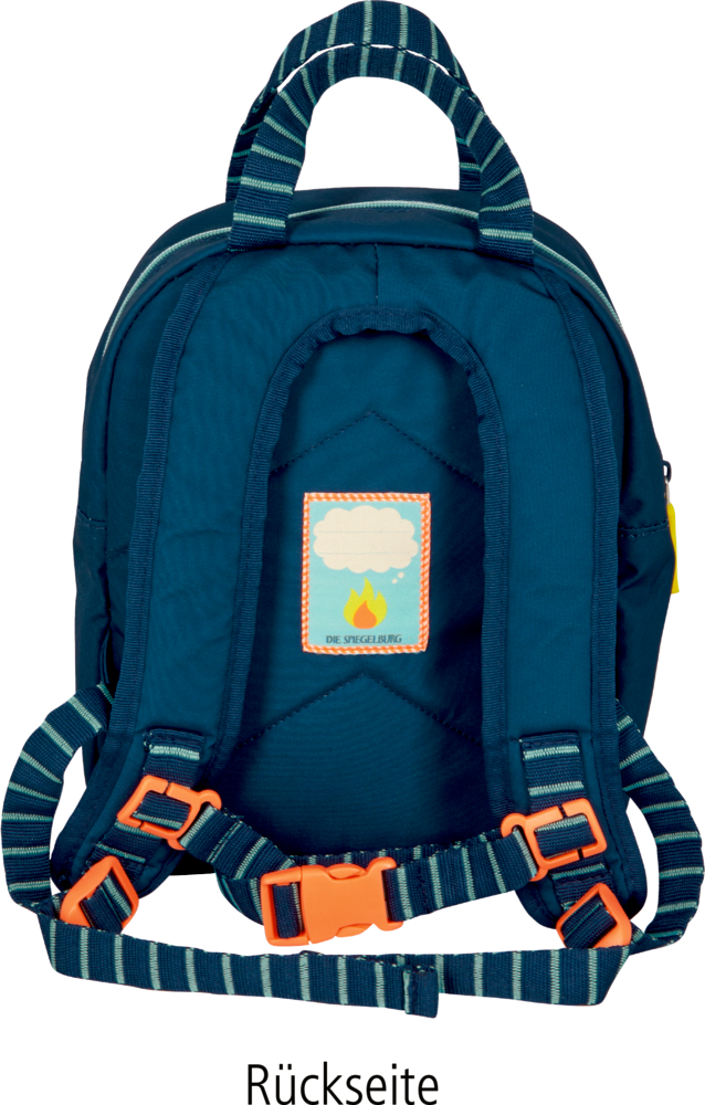 Blauer Rucksack von hinten mit gestreiften Riemen, orangefarbenen Schnallen und einem Aufnäher mit einer Wolke und einem Lagerfeuer.