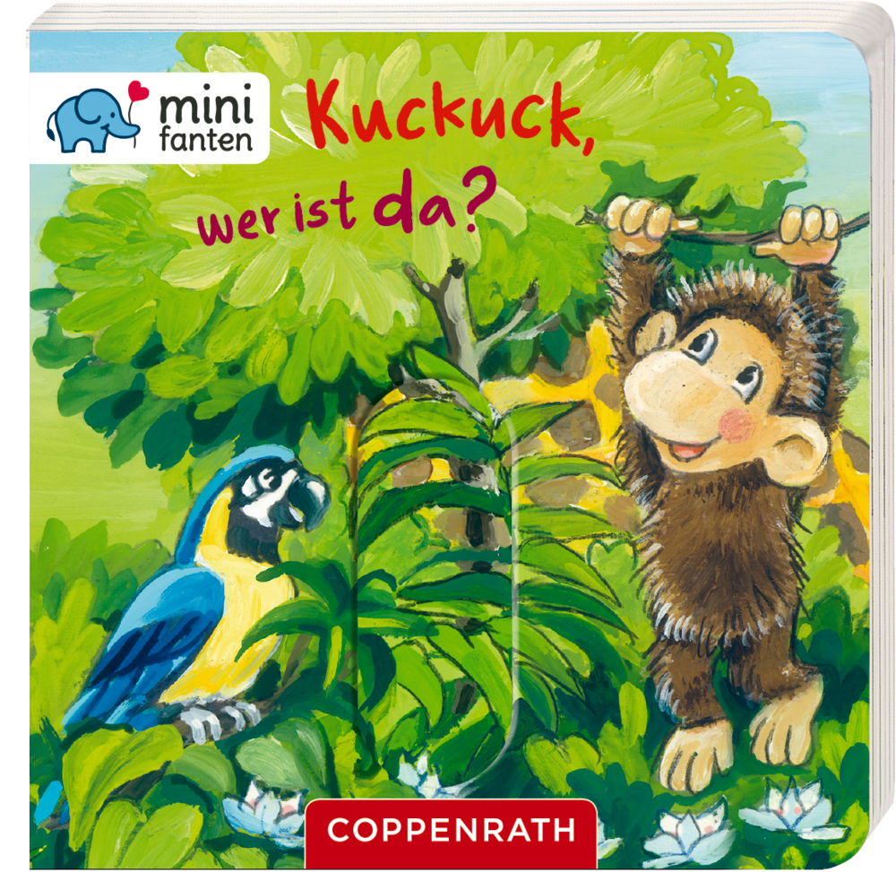 minifanten 03: Kuckuck! Wer ist da? Illustrierter Buchumschlag: Affe und Papagei im Dschungel, Titel „Kuckuck, wer ist da?“.