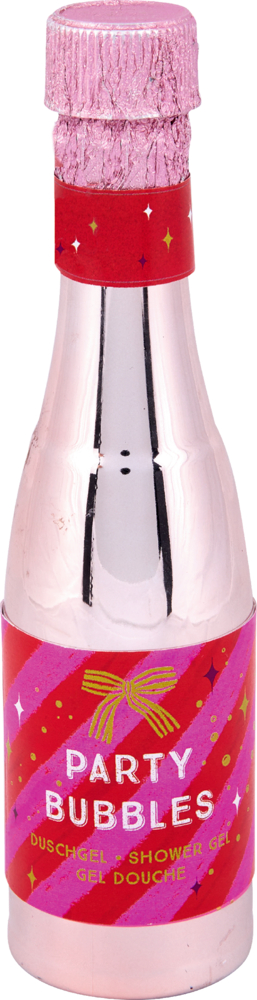 Rosa glänzende Duschgelflasche in Form einer Sektflasche mit rotem Etikett und der Aufschrift „Party Bubbles“.