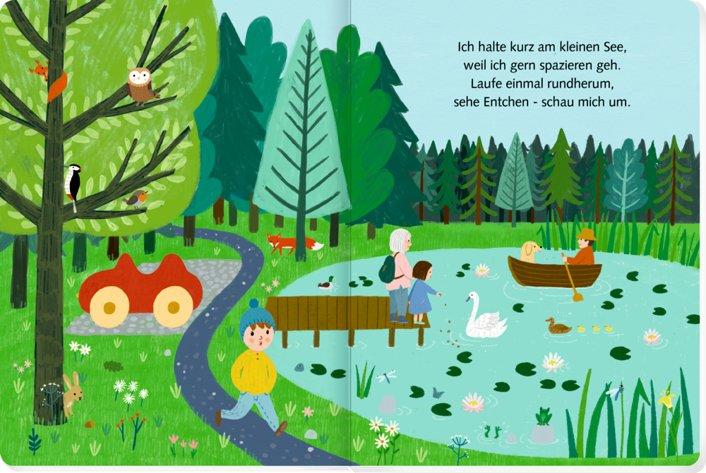 Parkszene auf einer Doppelseite mit Menschen an einem Teich, schwimmende Enten, Tiere in Bäumen;  Text erscheint rechts.