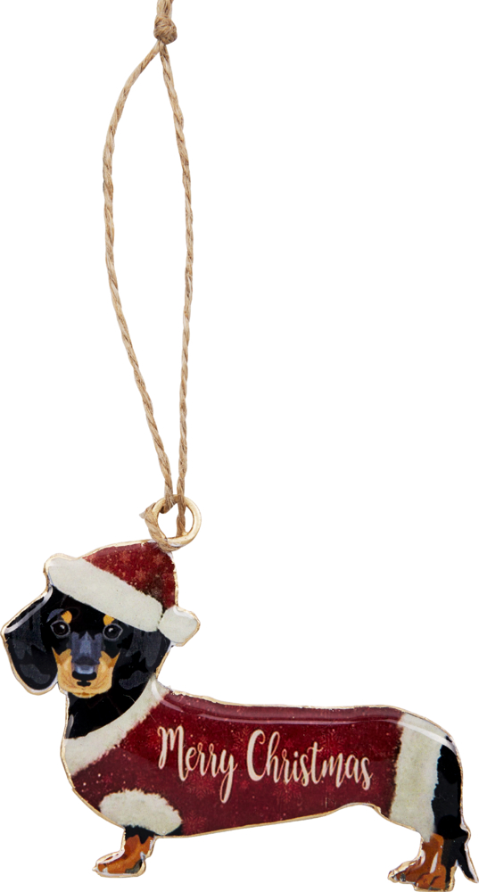 Weihnachtsanhänger in Form eines Dachshunds mit rotem Mantel, Weihnachtsmütze und Schriftzug „Merry Christmas“.