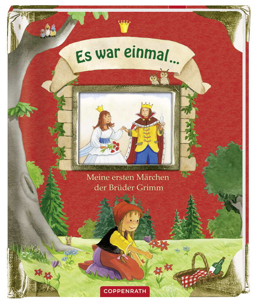 Es war einmal... Meine ersten Märchen der Brüder Grimm Märchenbuchcover: Rotkäppchen im Wald, mit eingerahmter Szene von Prinz und Prinzessin.