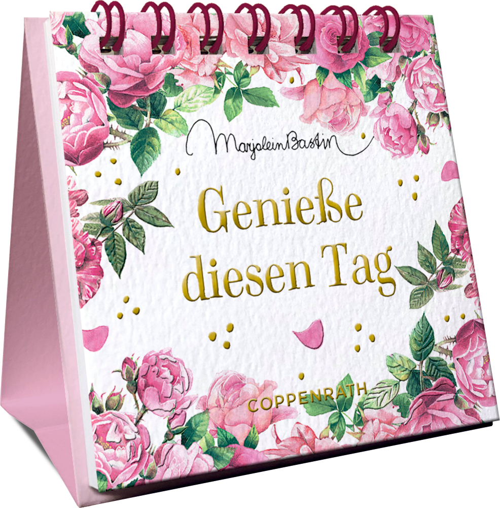 Mini-Spiralaufsteller: Genieße diesen Tag (M.Bastin) Mini-Spiralaufsteller mit rosa Blumenmuster und goldenem Titel „Genieße diesen Tag“ auf dem Einband.