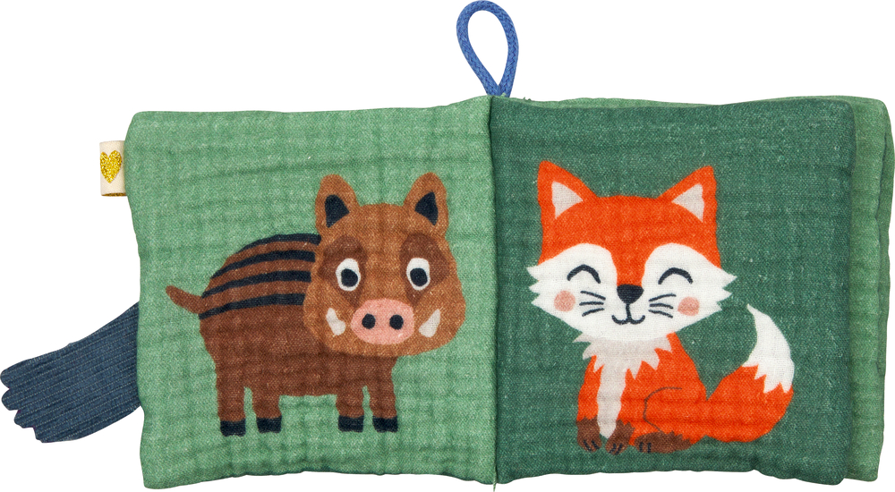 Aufgeschlagenes Stoffbuch mit einem lächelnden Wildschwein links und einem fröhlichen Fuchs rechts auf grünem Hintergrund.