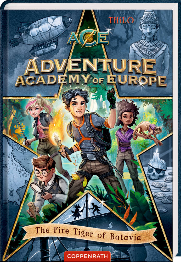 Adventure Academy of Europe (Bd.1) - The Fire Tiger ... Vier Kinder auf einer Suche, umgeben von mystischen Symbolen und Artefakten in einer lebendigen, actionreichen Szene auf dem Cover von "Adventure Academy of Europe - The Fire Tiger of Batavia.".