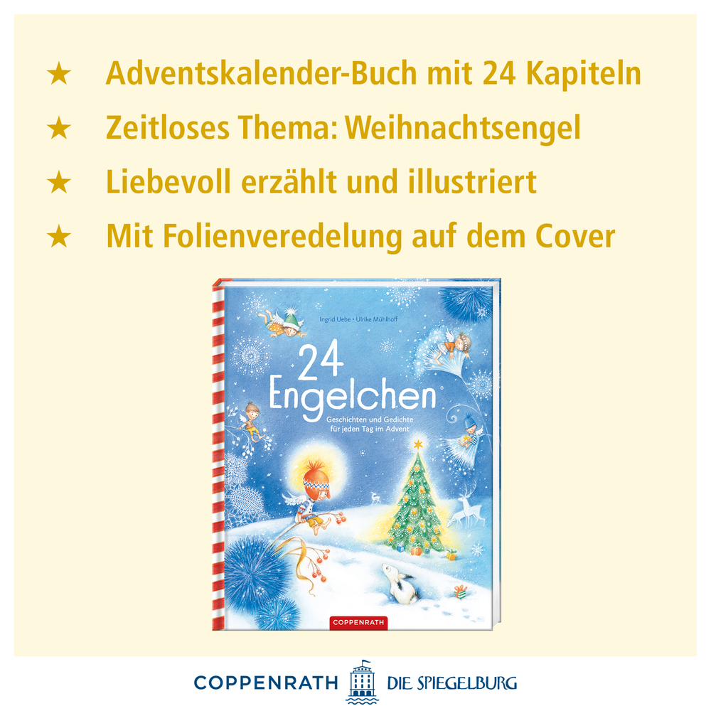 Buch „24 Engelchen“ mit blauem Cover, Weihnachtsbaum, Engeln, Schneelandschaft und rotem Coppenrath-Logo.