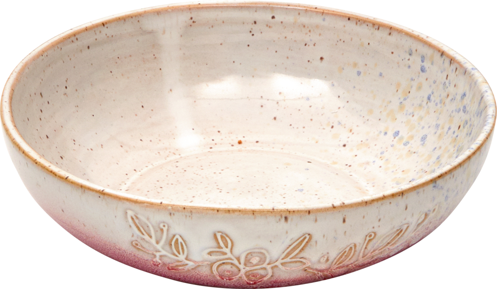Porzellan-Schale "Blume" rot - LandLust Creme-weiße, flache Keramikschale mit dezenter Blumengravier an der Seite und rotem Farbverlauf am Boden.