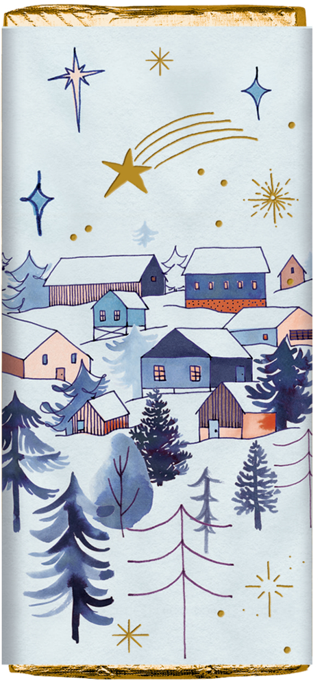 Verschneites Dorf bei Nacht mit Sternen und einer Sternschnuppe am Himmel, illustriert als Verpackung einer Tafel Schokolade.