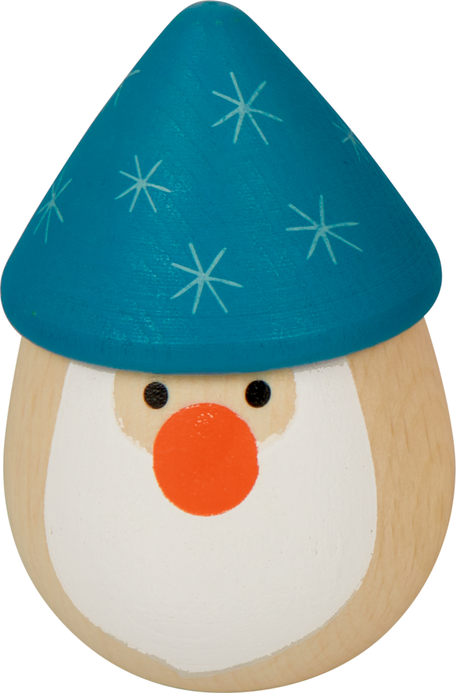 Holz-Ei mit Gesicht, blauer Mütze, orangefarbener Nase und weißem Bart, das einem Zwerg oder Weihnachtsmann ähnelt.