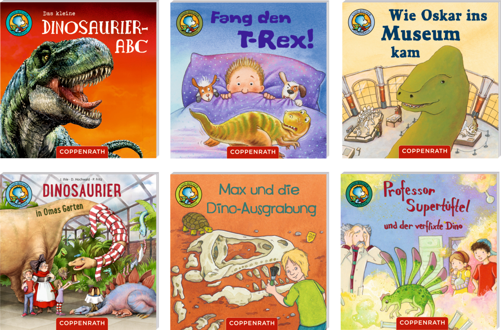 Sechs Kinderbuch-Cover mit Dinosaurier-Motiven, darunter T-Rex, Museums- und Ausgrabungsszenen sowie spielende Kinder und Erwachsene.