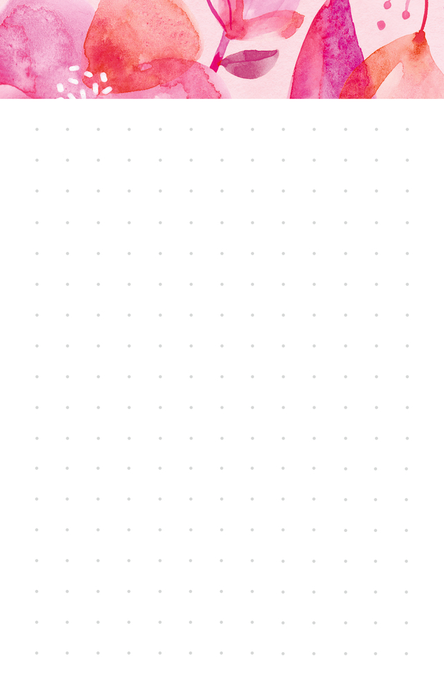 Weiß gepunktete Seite mit rosa und roten Aquarellblumen entlang des oberen Randes.