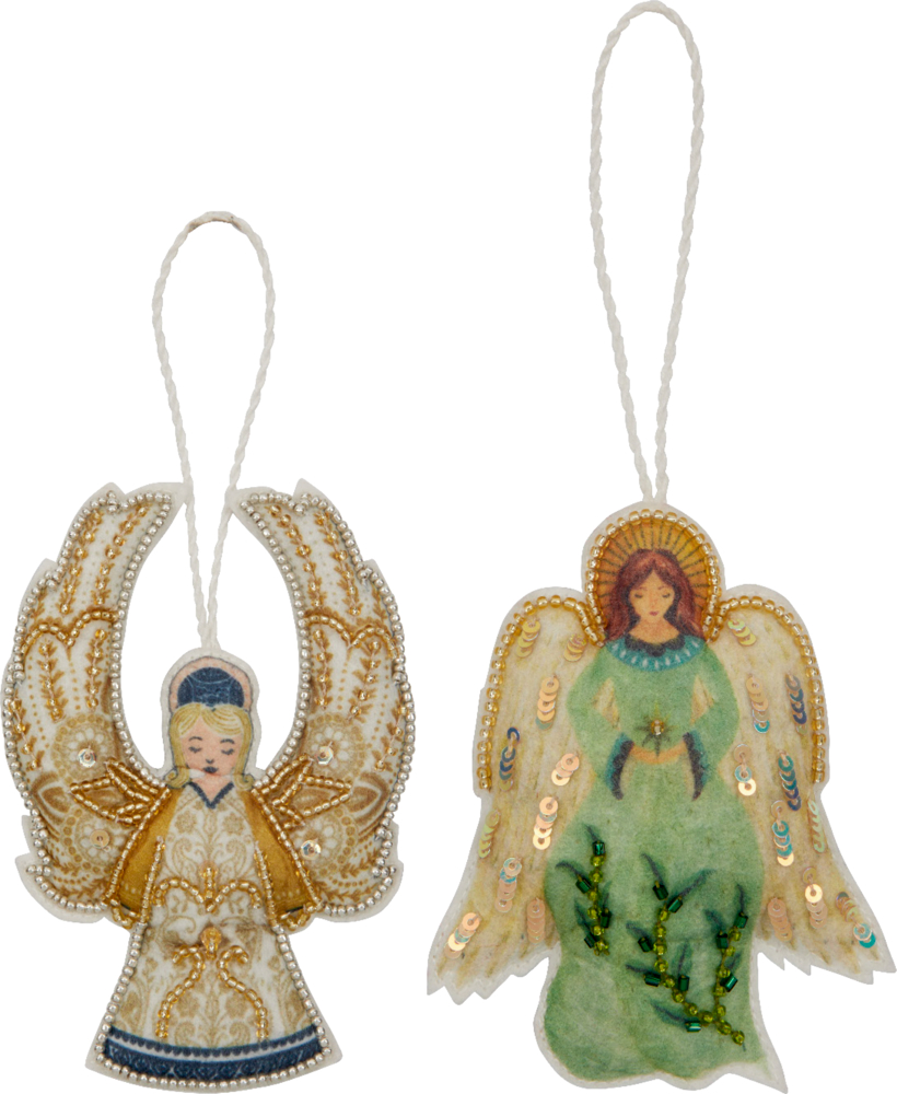 Zwei Engel-Ornamente mit Schnuraufhängern: einer in Gold und Weiß, der andere grün. Beide mit Pailletten bestickt.