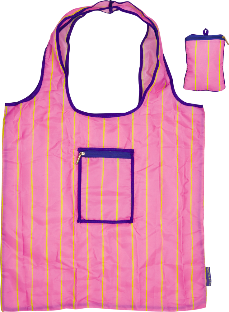 Rosa Mehrweg-Einkaufstasche mit gelben Streifen, Reißverschlusstasche vorne und passendem Täschchen oben.