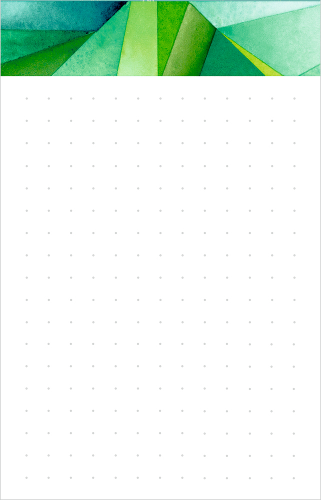 Geometrisches grünes abstraktes Design oben, darunter ein weißes gepunktetes Rastermuster auf der Seite.