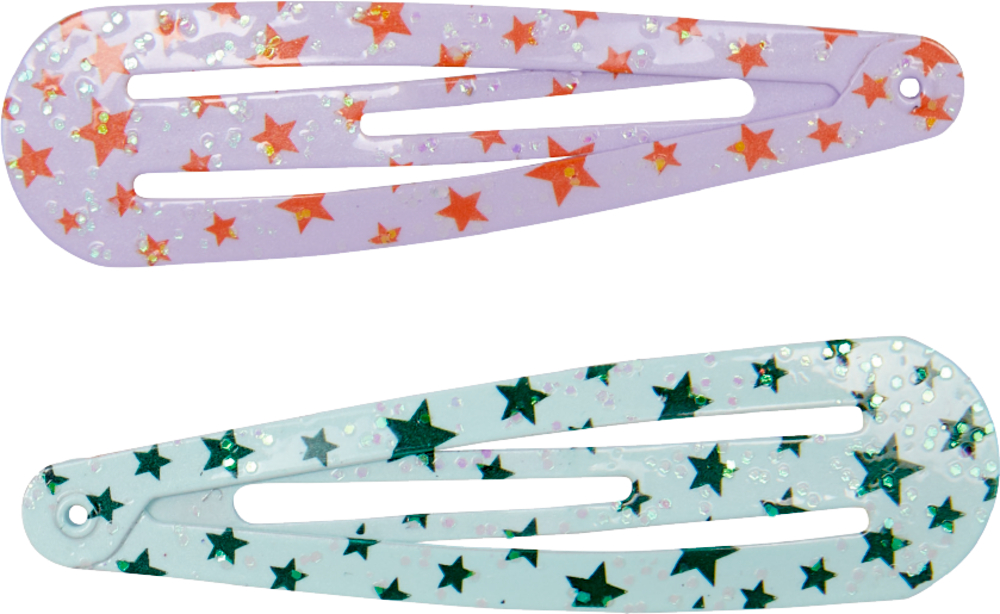 Zwei Glitzer-Haarspangen: eine mit orangefarbenen Sternen auf Lavendel, eine mit dunkelgrünen Sternen auf Türkis.