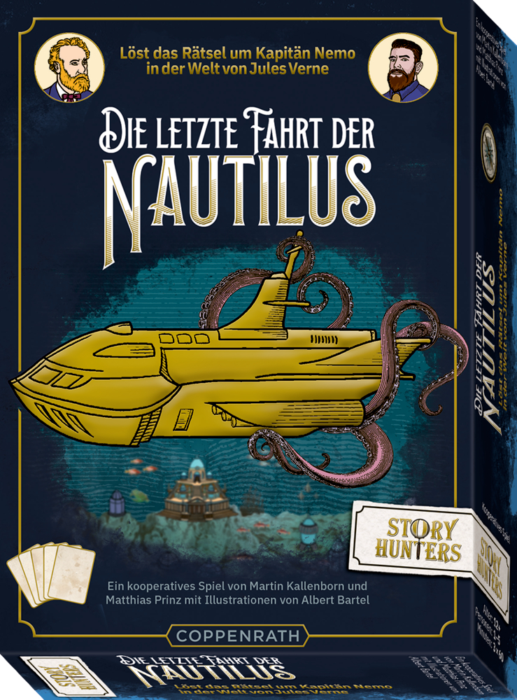 Gelbes U-Boot mit Tentakeln auf einer dunkelblauen Spielschachtel mit dem Titel „Die letzte Fahrt der Nautilus“.