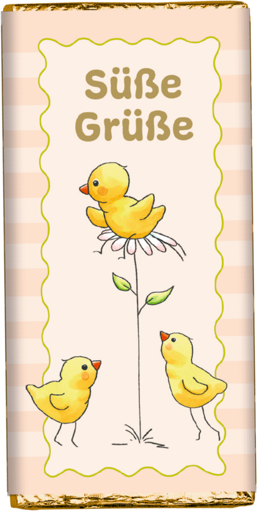 Drei gelbe Küken und eine Blume auf einer pastellgestreiften Schokoladentafel mit dem Text Süße Grüße.