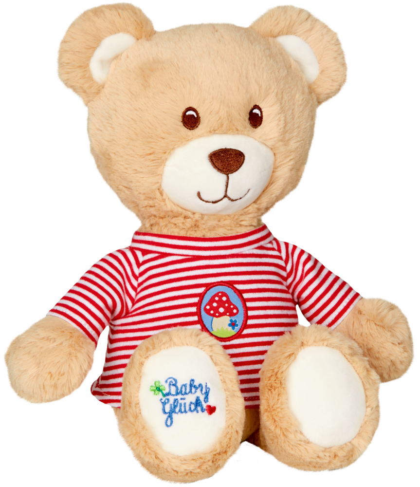 Mein erster Teddy BabyGlück Hellbrauner Teddybär im rot gestreiften Shirt mit der Aufschrift „Baby Glück“ auf der Pfote.
