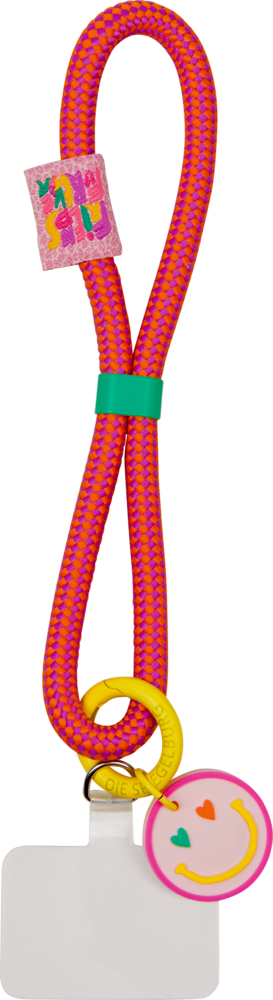 Eine rosa-orange Handykordel mit einem Smiley-Anhänger, Herzen und einer durchsichtigen Handyhalterung.