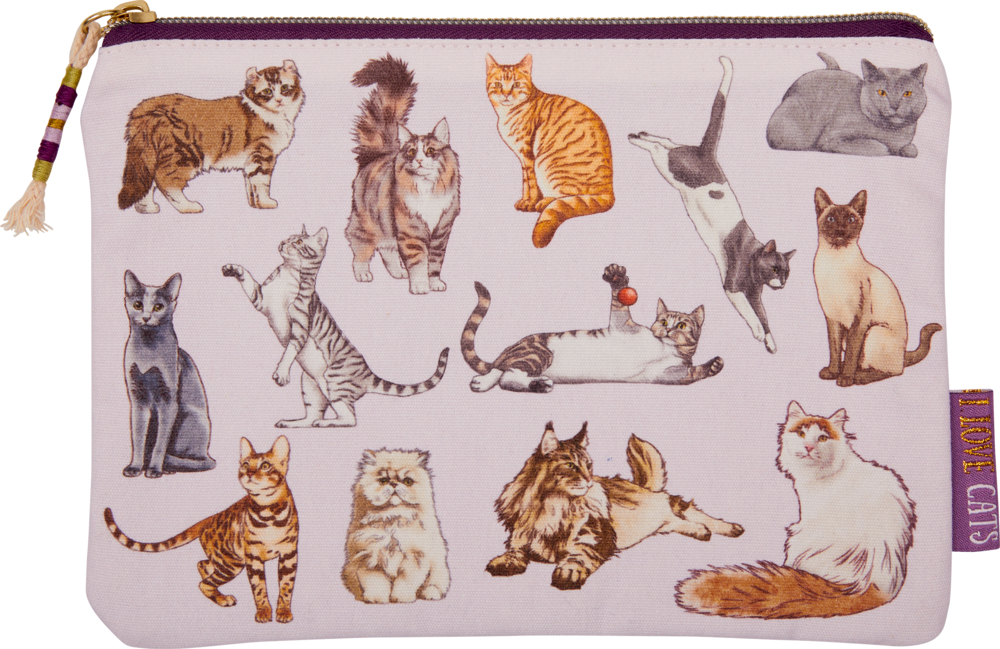 Allzwecktäschchen - I love cats (I love cats & dogs) Reißverschlusstasche mit illustrierten Katzen in verschiedenen Posen auf rosafarbenem Untergrund.