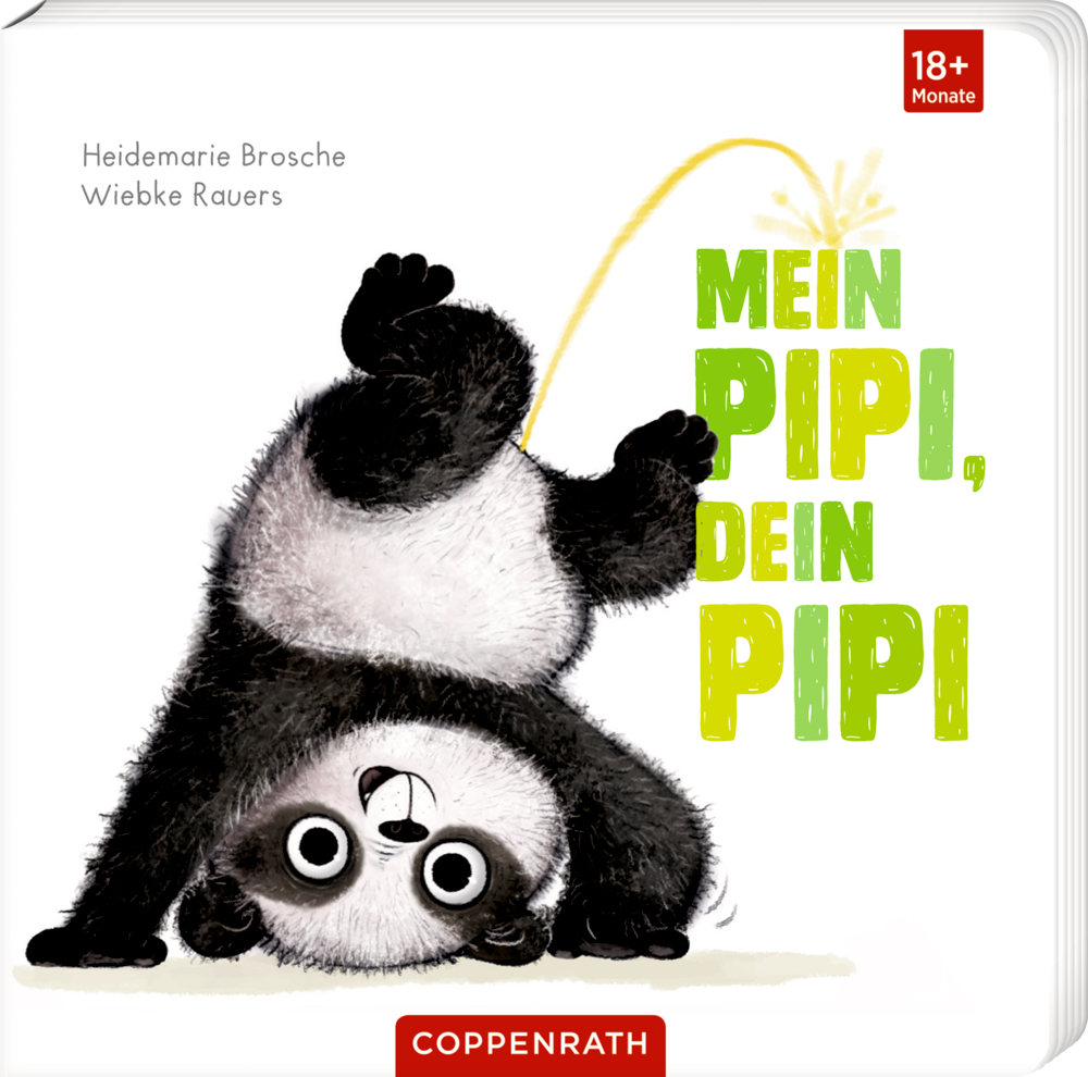 Mein Pipi, dein Pipi Panda macht einen Handstand und pinkelt, auf dem Vover von „Mein Pipi, Dein Pipi“ in grüner r Schrift.