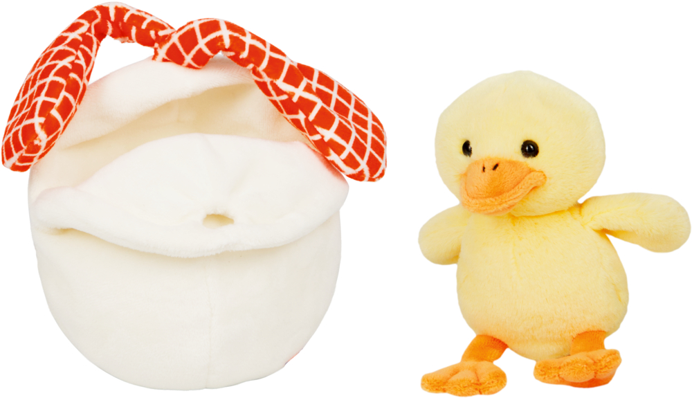 Plüsch Ente in Gelb steht neben Plüsch Ei in Weiß mit Schleife in Orange mit Muster.