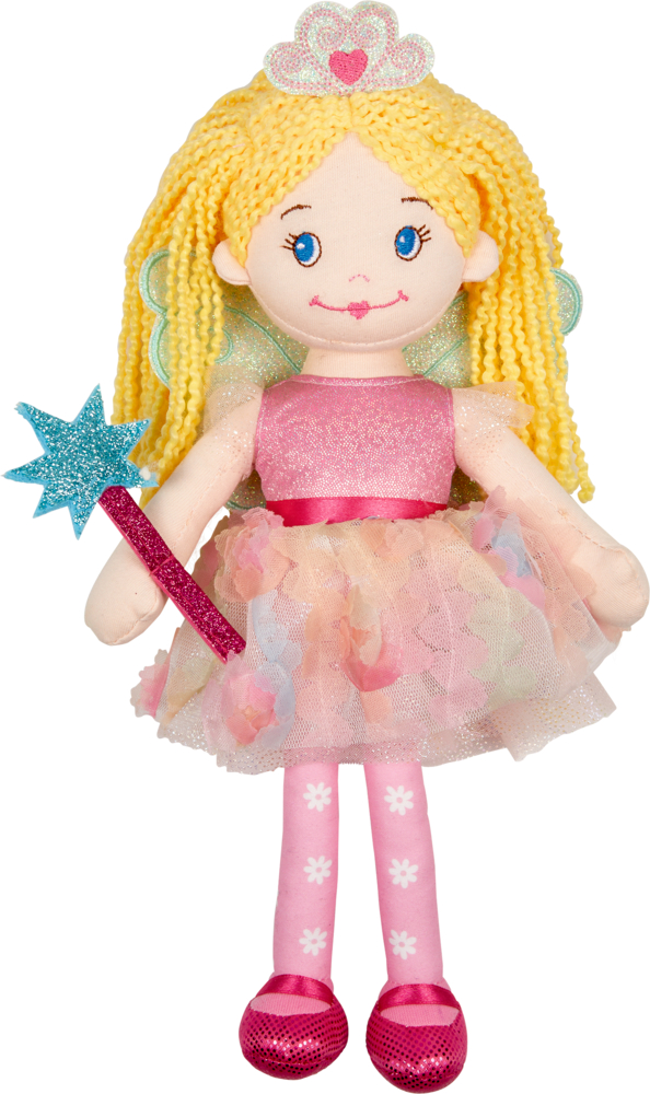 Plüschfeenpuppe mit gelbem Garnhaar, rosa Kleid, Krone, Flügeln und einem blauen glitzernden Zauberstab.