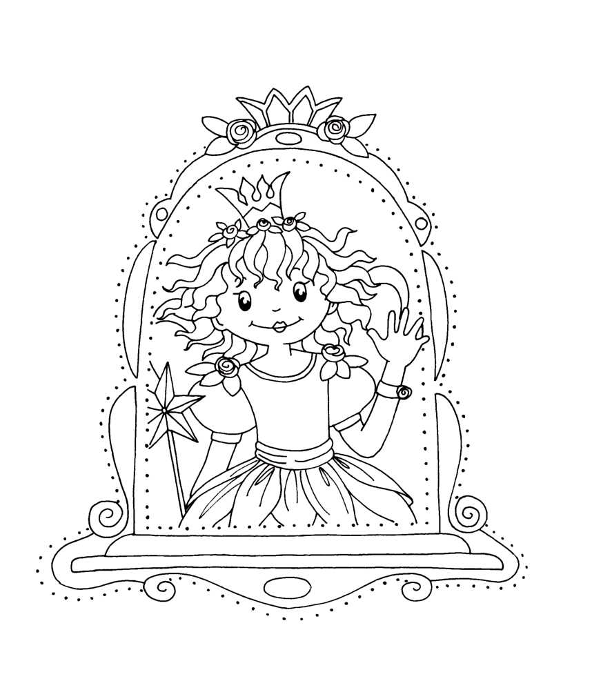 Strichzeichnung einer lächelnden Prinzessin mit Krone, winkend, einen Zauberstab haltend, in einem verzierten Rahmen.