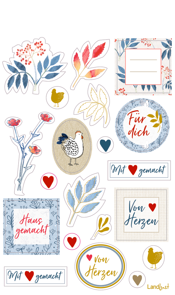 Dekorative Aufkleber: Vögel, Blätter, Herzen und Sätze wie „Für dich“, „Von Herzen“ und „Haus gemacht“.