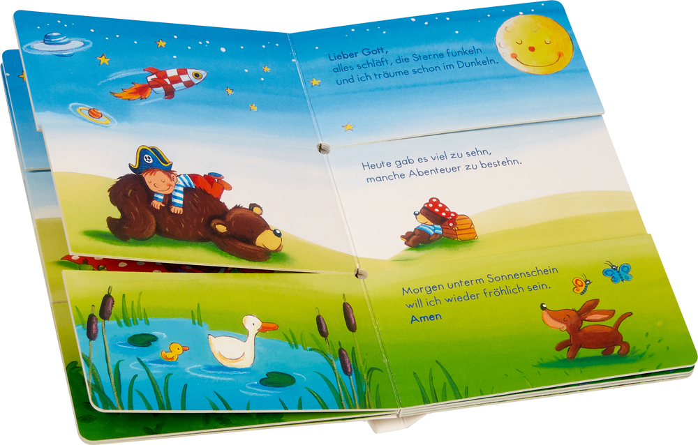 Farbenfrohes Kinderbuch mit Klappen und Tierillustrationen, einem Jungen auf einem Bären und  Gutenachtgeschichte.