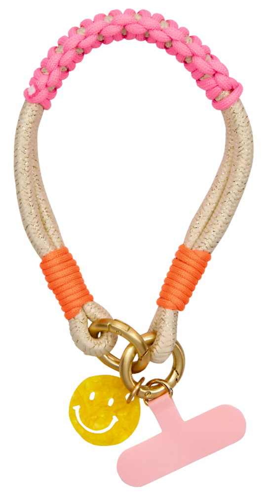 Rosa und beige Handykordel mit orangefarbenen Akzenten, gelbem Smiley-Anhänger und pinkem Schildchen.