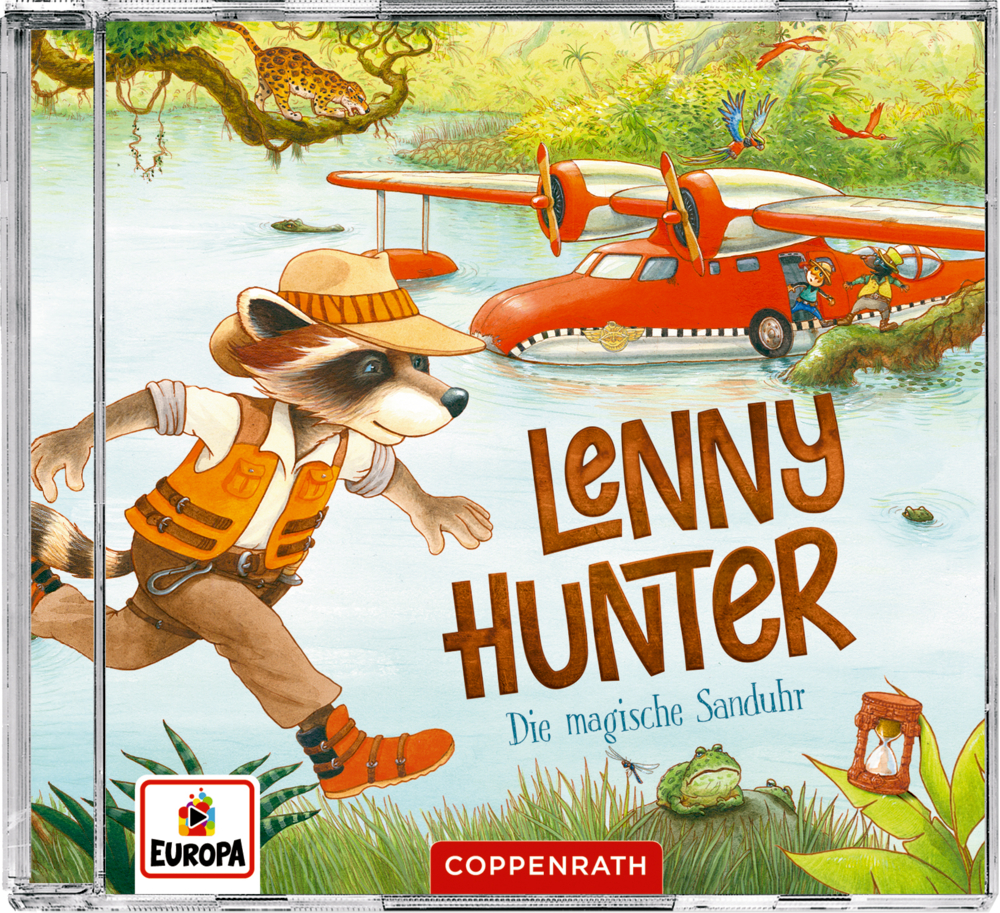 CD Hörspiel: Lenny Hunter - Die magische Sanduhr CD-Cover: Waschbär Lenny Hunter erkundet den Dschungel bei einem roten Wasserflugzeug – Die magische Sanduhr.