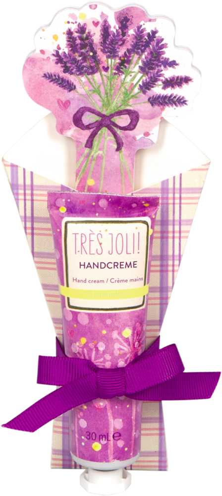 Eine lila Tube Très Joli! Handcreme mit Lavendelmotiv und passender Schleife auf kariertem Karton.
