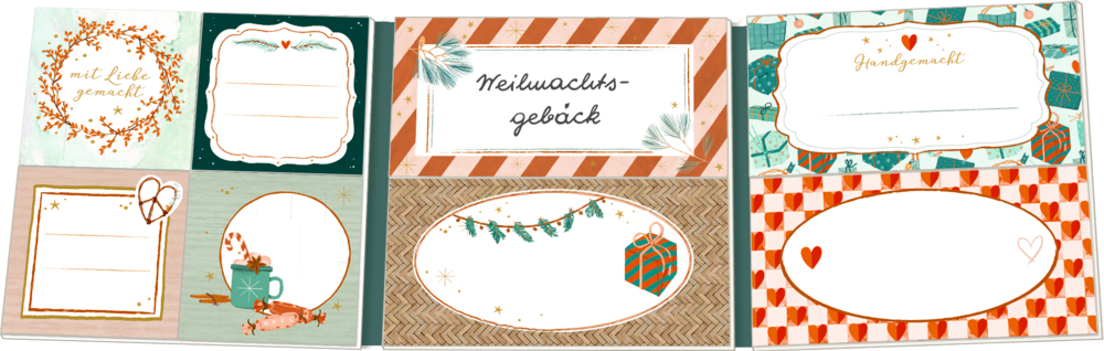 Drei Bögen mit Weihnachtsetiketten in Blaugrün, Orange und Beige mit festlichen Illustrationen.