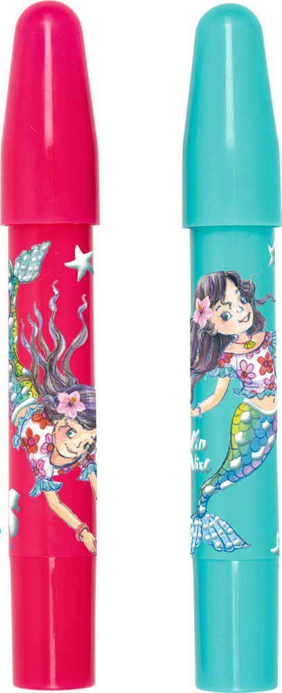 Zwei leuchtende Haarkreide-Marker mit Cartoon-Meerjungfrauen-Designs, einer rosa und einer blau.