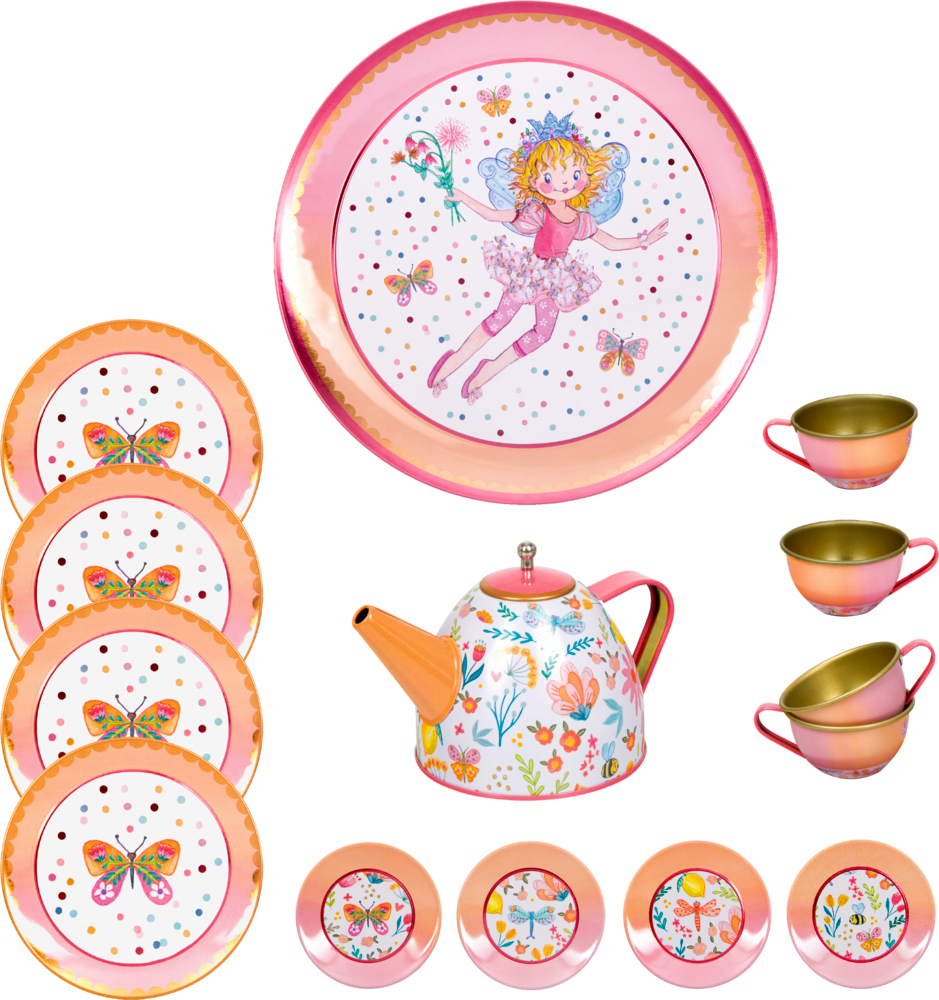 Buntes Kinder-Tee-Set mit Feen-, Schmetterlings- und Punktmotiven inkl. Tassen, Tellern, Kanne.