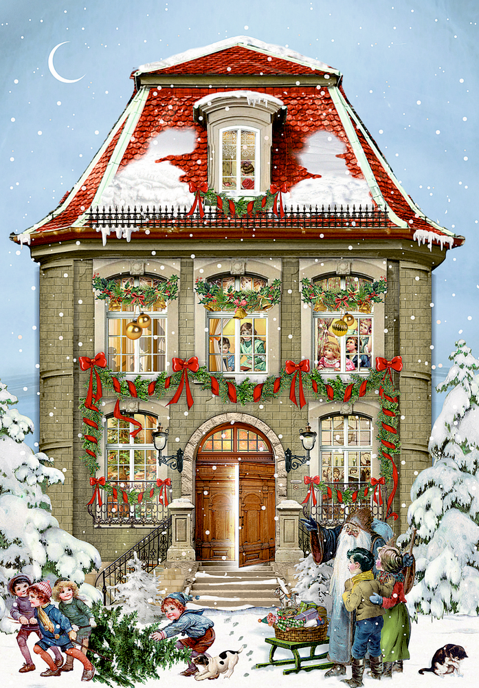Festlich geschmücktes Haus mit roten Schleifen, Kinder spielen im Schnee unter winterlichem Himmel.