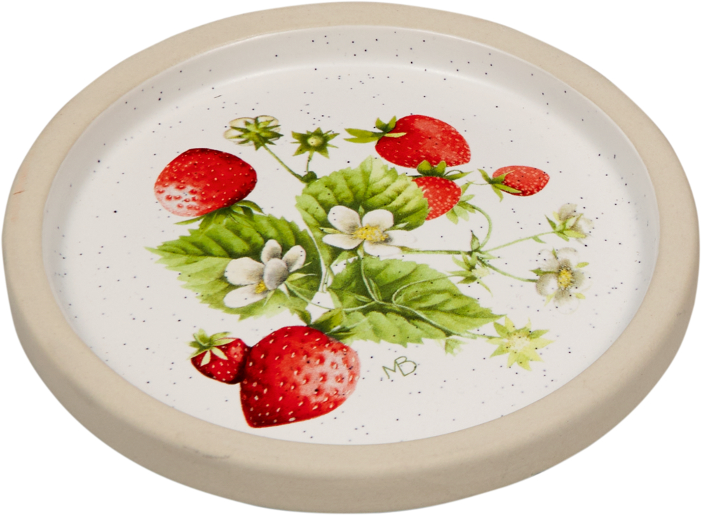 Weißer, runder Keramikteller mit gemalten Erdbeeren, grünen Blättern und weißen Blumen in der Mitte.