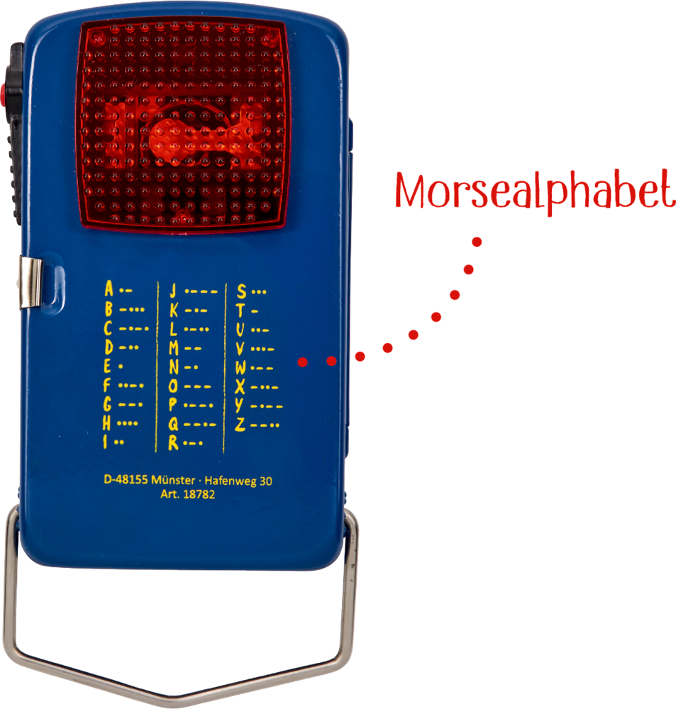 Blaue Lampe mit einer Morsealphabet-Tabelle auf der Rückseite.