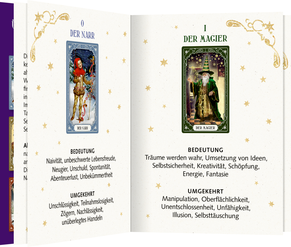 Offenes Tarot-Handbuch mit den Karten „Der Narr“ und „Der Magier“, deren Bedeutungen und goldenen Sternakzenten.