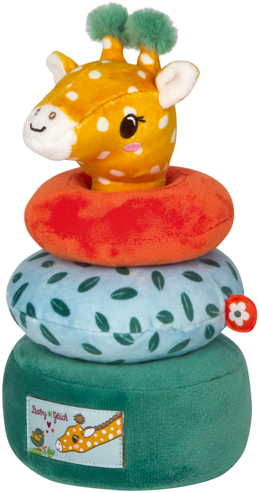 Plüsch-Giraffenkopf mit Körper bestehend aus bunten Stoffringen.