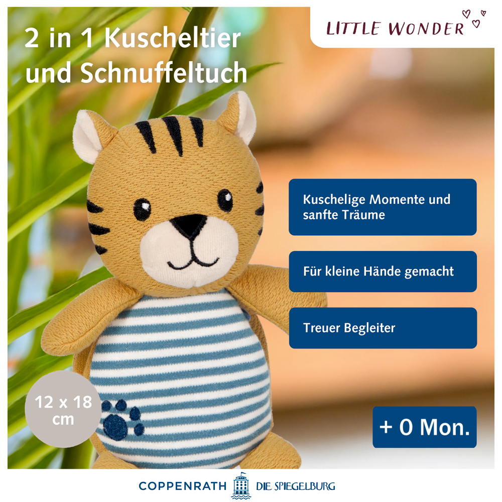 Plüschtiger mit Streifen, blau gestreiftem Bauch und lächelndem Gesicht; geeignet für Babys ab 0 Monaten.