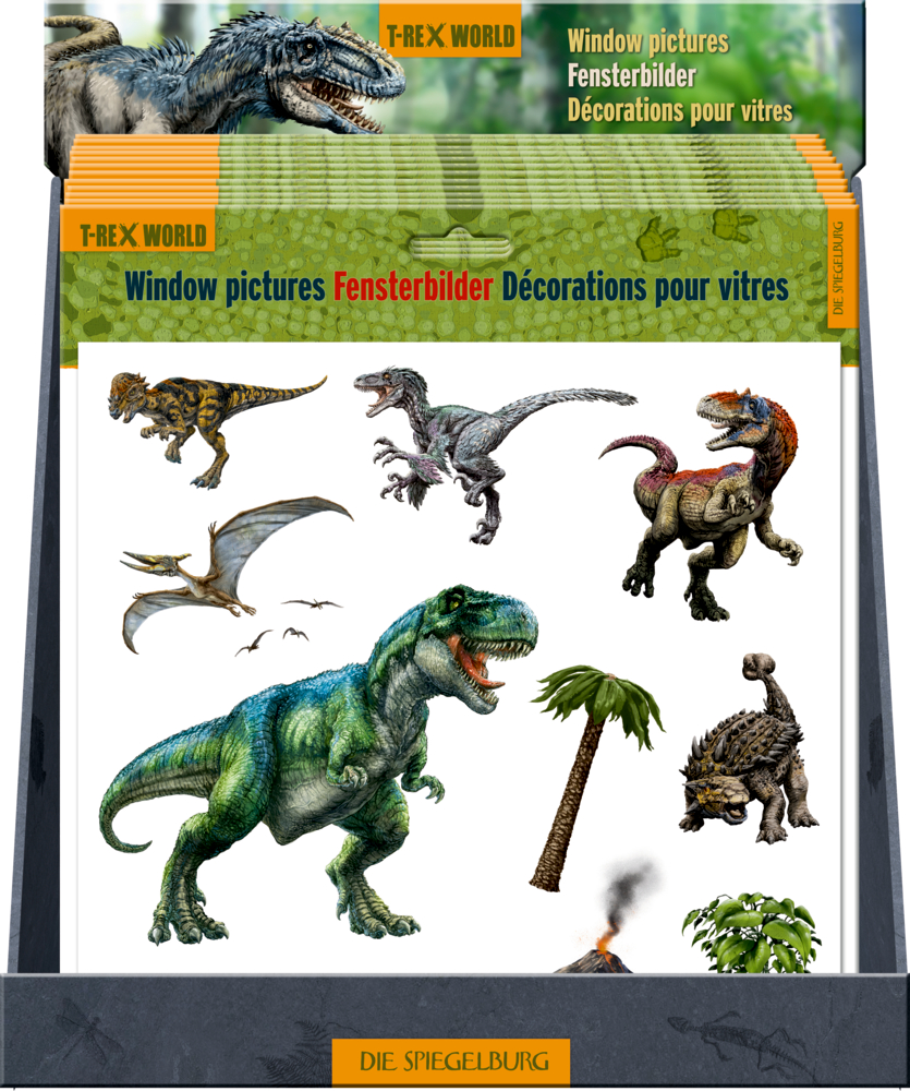 Mehrere Stickerbögen mit prähistorischen Motiven in einem grünen Papp-Display mit DIno-Motiv.
