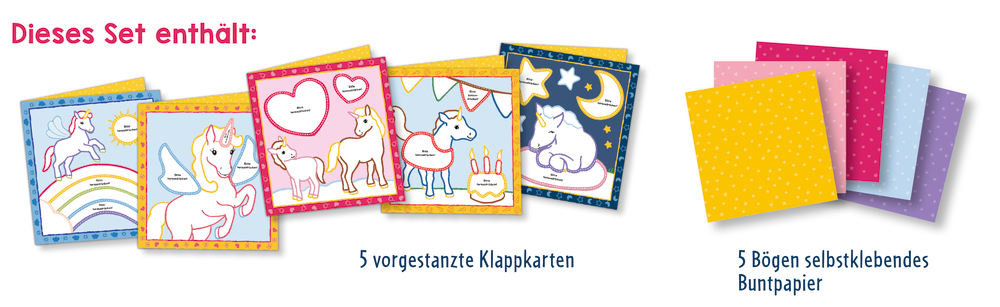 Zu sehen sind fünf Einhorn-Karten zum Bekleben und fünf Blätter buntes Klebepapier mit Sternenmuster.
