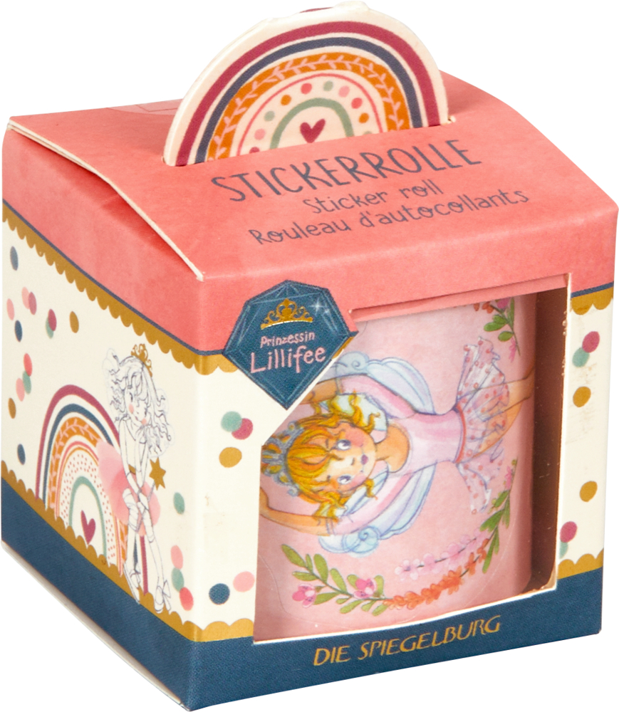 Stickerrolle - Prinzessin Lillifee Rosafarbene Schachtel mit Feen-Stickerrolle mit der Aufschrift „Prinzessin Lillifee“, verziert mit Herzen und Regenbögen.