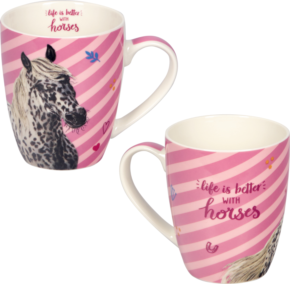 Vorder- und Rückseite einer rosa gestreiften Tasse mit Pferdemotiv und Text.