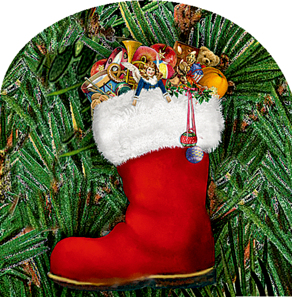 Kalendertürchen: Ein roter Weihnachtsstiefel voller Spielzeug, eingebettet zwischen grünen Tannenzweigen.