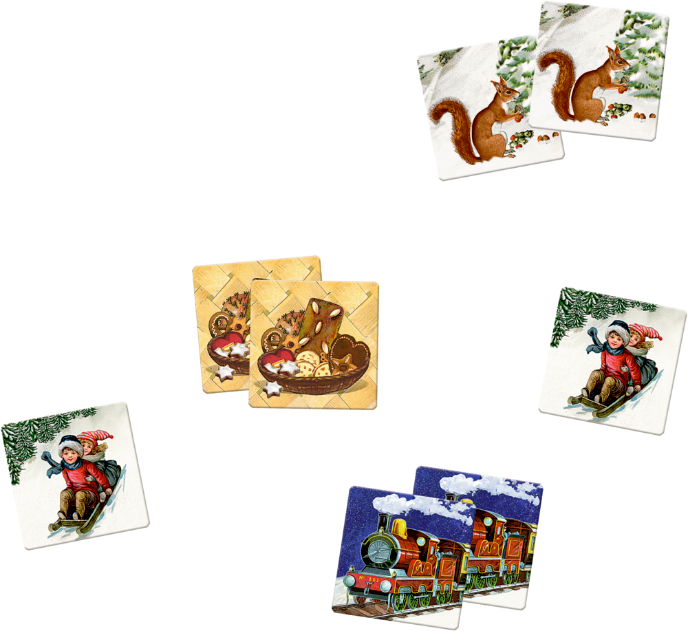 Kartenpaare mit den Motiven: Eichhörnchen, Schlittenkinder, Kekse und ein Zug.
