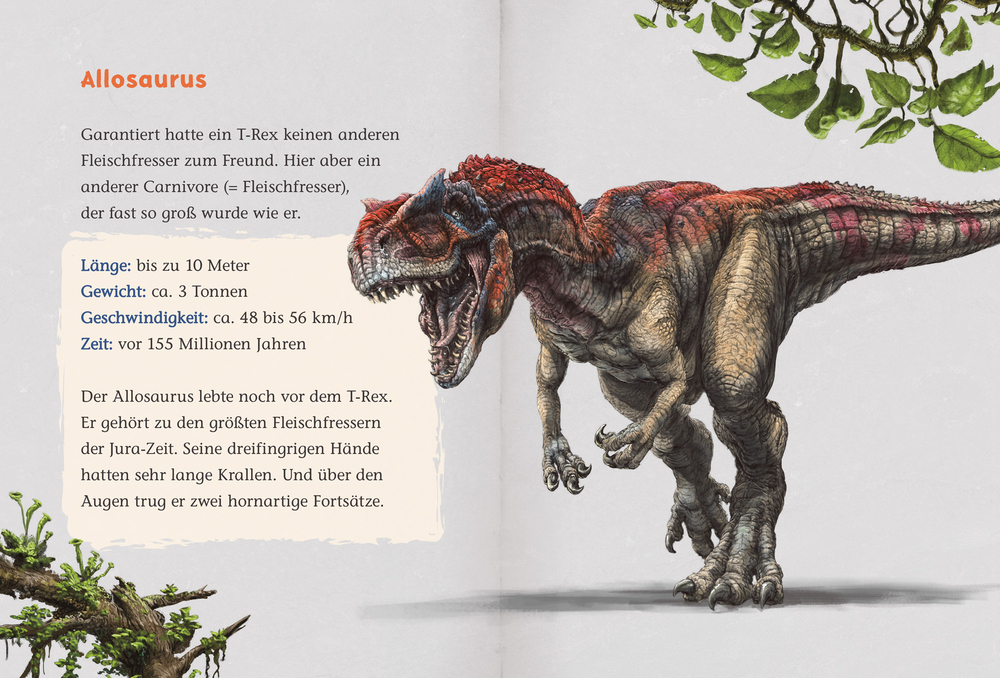 Ein wilder Allosaurus steht mit offenem Maul da und zeigt scharfe Zähne und Klauenhände auf einer Doppelseite mit Informativem Text.